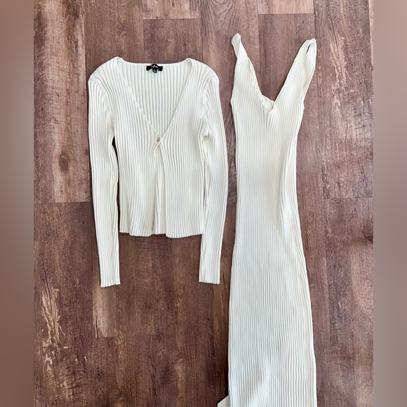 Lulus Beige Ribbed Dress & Cardigan Set - Picture 2 of 7